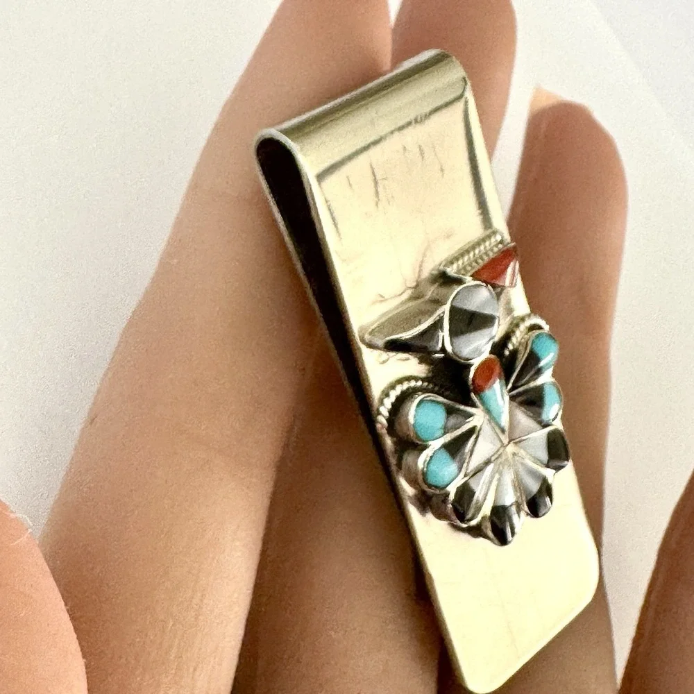 Turquoise Thunderbird Money Clip Silver 2in Mens Gift Signed Nastacio Zuni Inlay